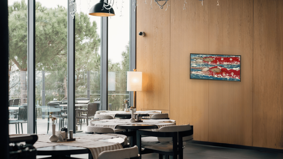 The Journey by Dobee Snowber, shown at 20 × 40 in (50.8 × 101.6 cm) on canvas in Ramino Satin Black, restaurant