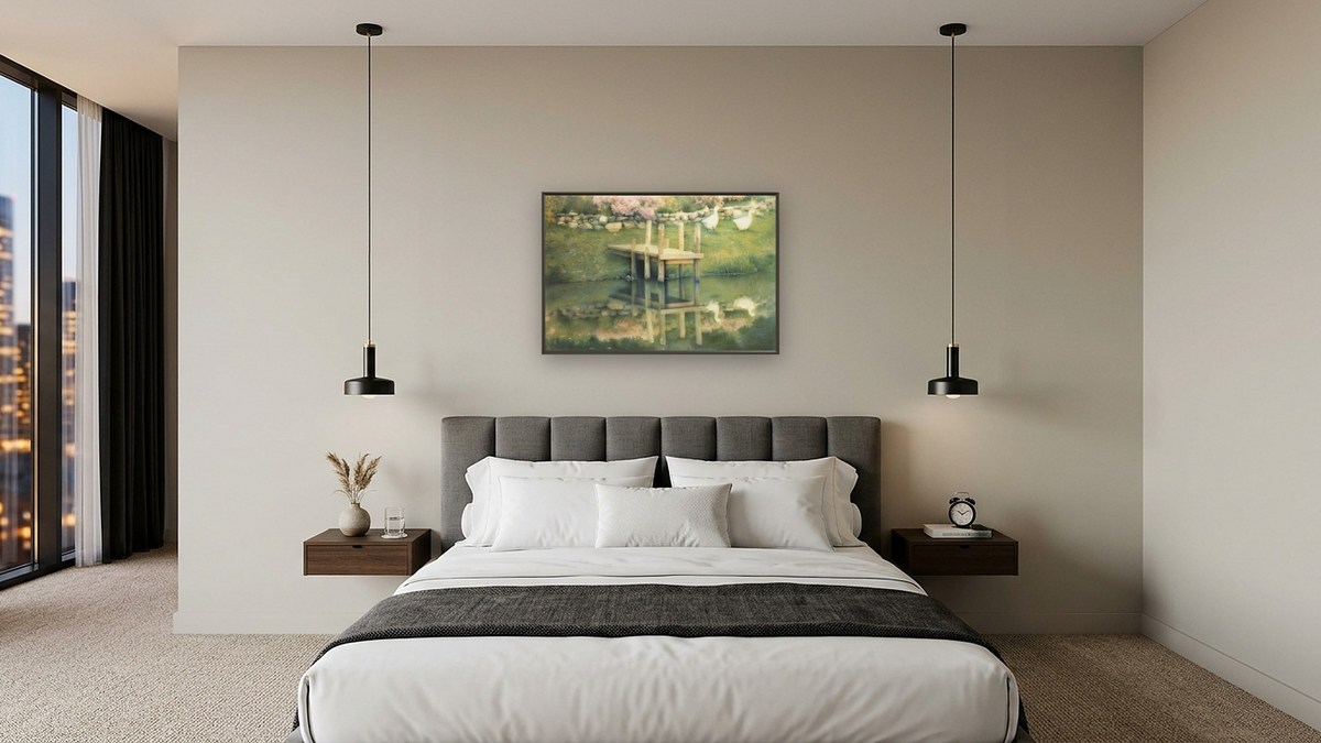 Spring Morning Reflection by Kirsten Söderlind, shown at 28 × 42 in (71.1 × 106.7 cm) on canvas in Ramino Satin Black, hotel guest room