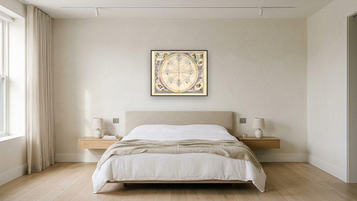 Plate 20 from Harmonia Macrocosmica by Andreas Cellarius, shown at 32 × 40 in (81.3 × 101.6 cm) on canvas in Ramino Satin Black, hotel guest room