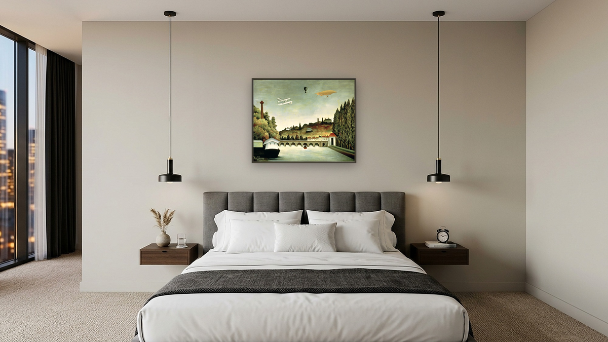 View of the Bridge at Sevres and the Hills at Clamart, St. Cloud and Bellevue by Henri Rousseau, shown at 32 × 40 in (81.3 × 101.6 cm) on canvas in Ramino Satin Black, hotel guest room