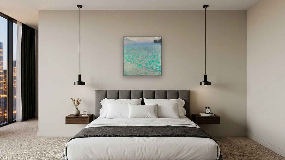 On Lake Attersee by Gustav Klimt, shown at 32 × 32 in (81.3 × 81.3 cm) on canvas in Ramino Satin Black, hotel guest room