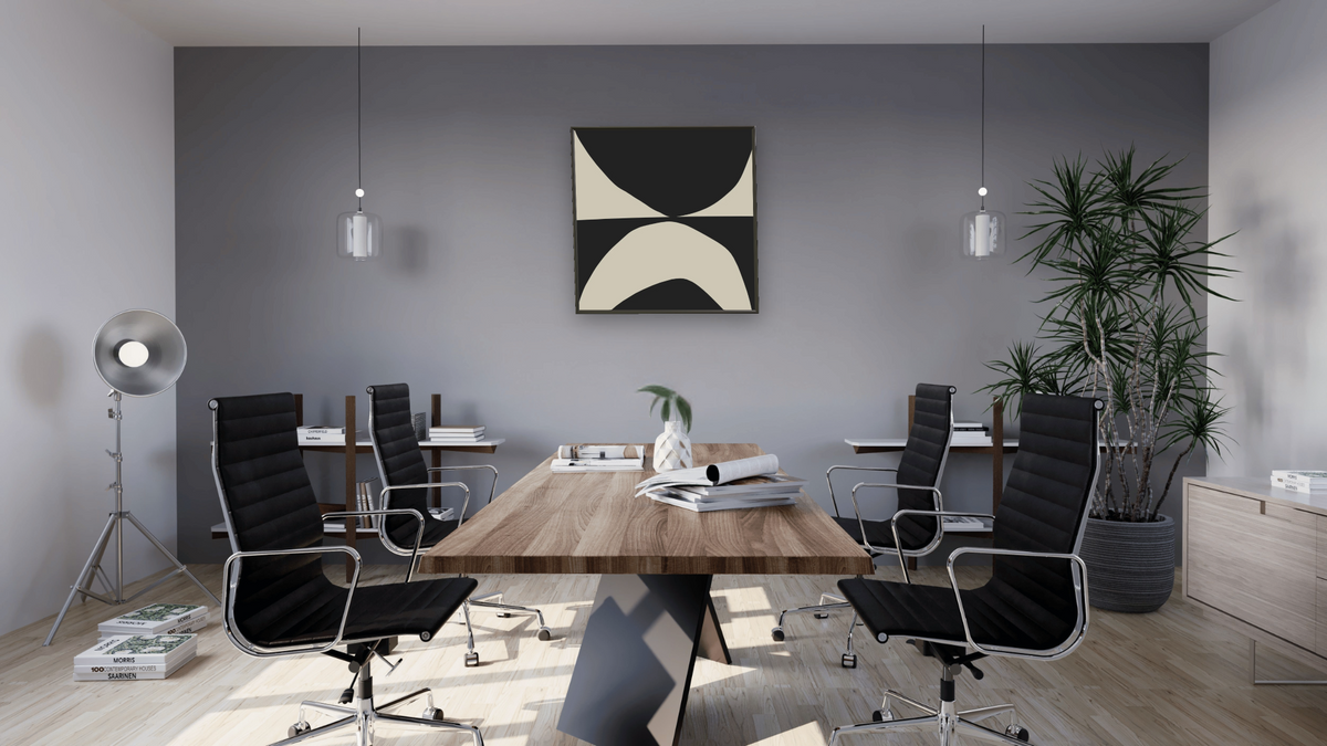 State 1 by Dan Hobday, shown at 32 × 32 in (81.3 × 81.3 cm) on canvas in Ramino Satin Black, boardroom