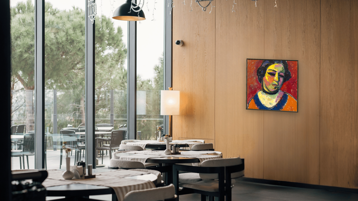Portrait of a Woman by Alexei Jawlensky, shown at 32 × 32 in (81.3 × 81.3 cm) on canvas in Ramino Satin Black, restaurant