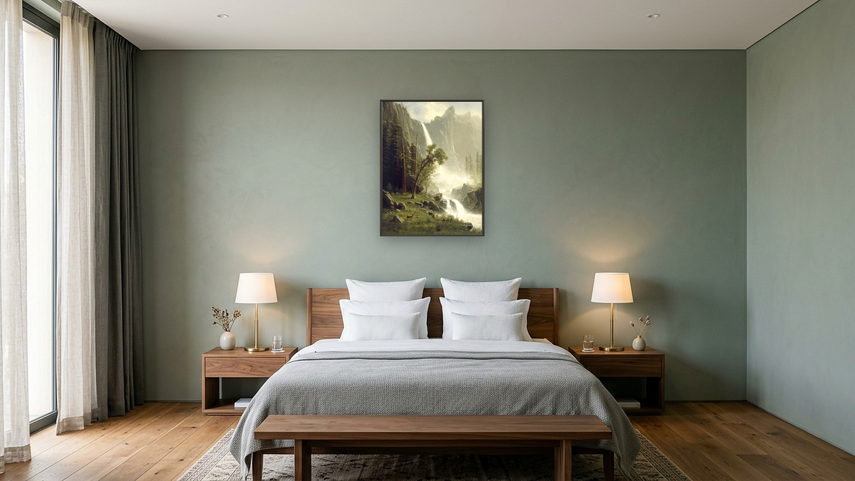 Bridal Veil Falls, Yosemite by Albert Bierstadt, shown at 30 × 40 in (76.2 × 101.6 cm) on canvas in Ramino Satin Black, hotel guest room