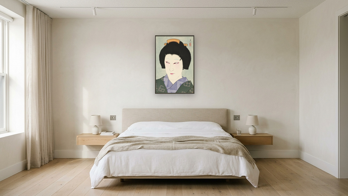 The Actor Nakamura Kaisha I as Okaru from the Play Yoikoshin by Natori Shunsen, shown at 28 × 42 in (71.1 × 106.7 cm) on canvas in Ramino Satin Black, hotel guest room