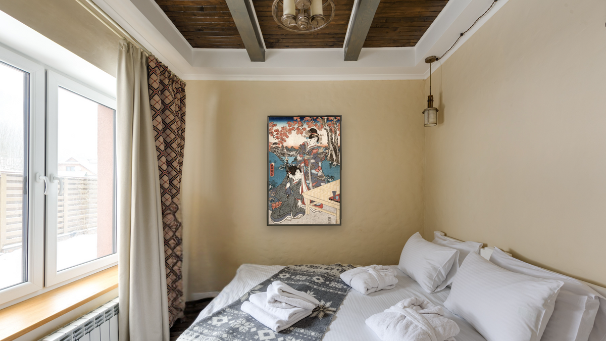 Court ladies gathering maple leaves by Utagawa Toyokuni, shown at 28 × 42 in (71.1 × 106.7 cm) on canvas in Ramino Satin Black, hotel guest room