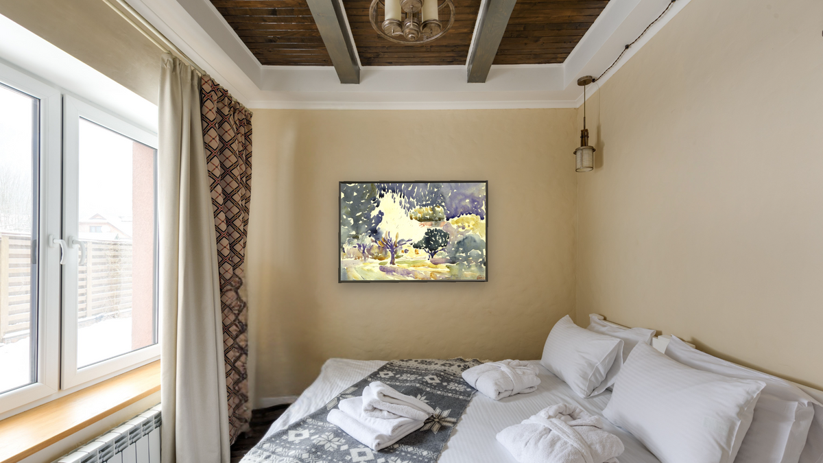 Landscape c. 1906 by Henri Edmond Cross, shown at 28 × 42 in (71.1 × 106.7 cm) on canvas in Ramino Satin Black, hotel guest room