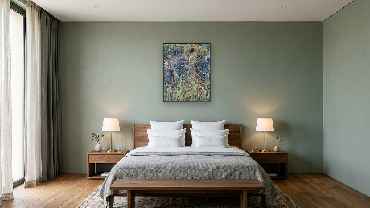 Lady in a Garden by Frederick Carl Frieseke, shown at 32 × 40 in (81.3 × 101.6 cm) on canvas in Ramino Satin Black, hotel guest room
