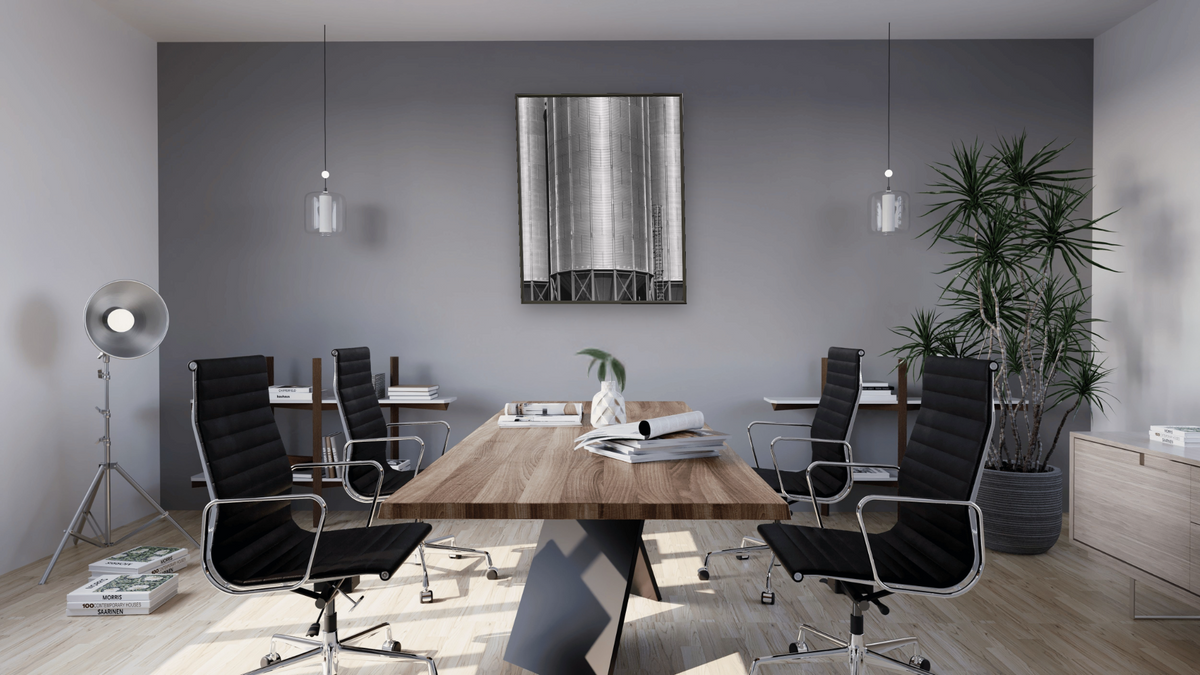 Corrugated Metal Silos #1 by Gordon Osmundson, shown at 32 × 40 in (81.3 × 101.6 cm) on canvas in Ramino Satin Black, boardroom
