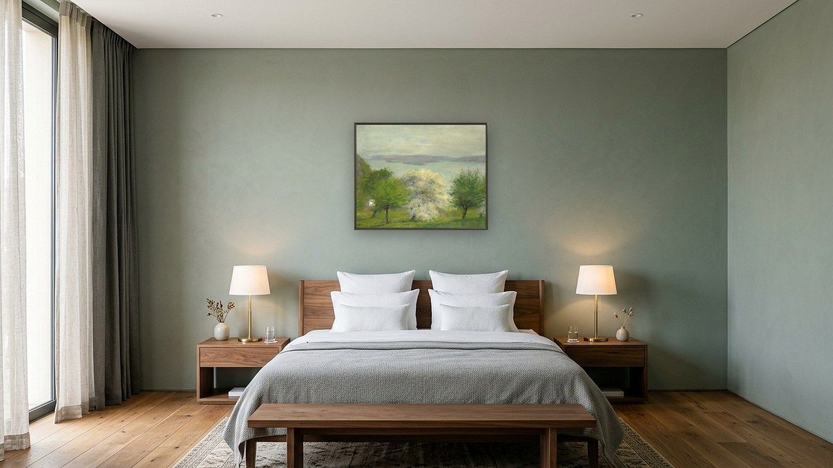 Apple Bloom by Robert William Vonnoh, shown at 32 × 40 in (81.3 × 101.6 cm) on canvas in Ramino Satin Black, hotel guest room