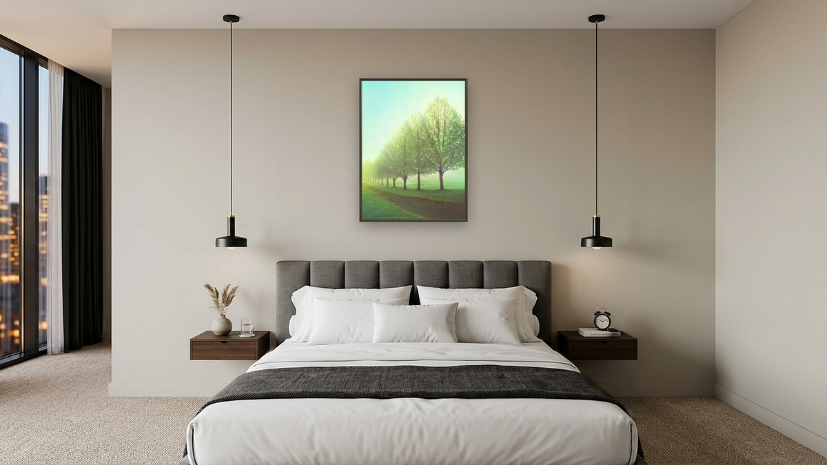 Gentle Path by Kirsten Söderlind, shown at 30 × 40 in (76.2 × 101.6 cm) on canvas in Ramino Satin Black, hotel guest room