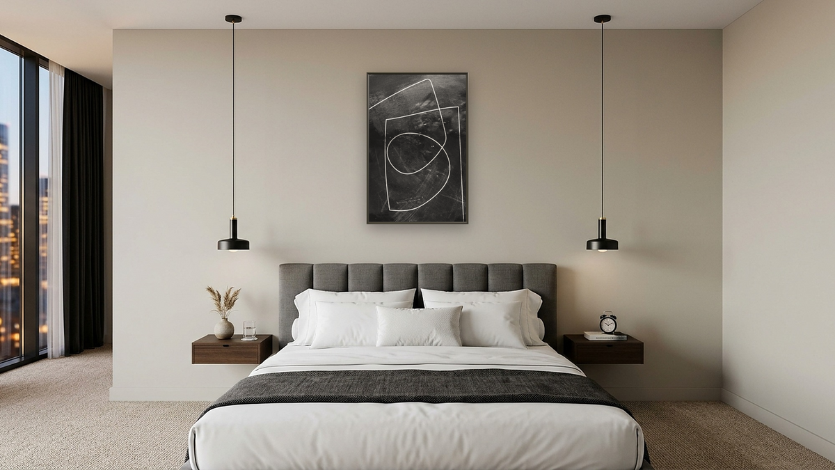 Minimal Line 1 by Dan Hobday, shown at 28 × 42 in (71.1 × 106.7 cm) on canvas in Ramino Satin Black, hotel guest room