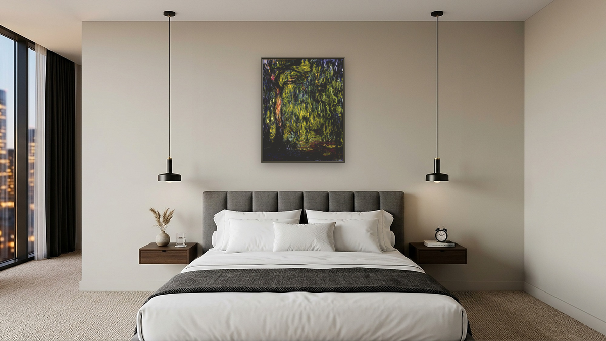Weeping Willow, 1918 by Claude Monet, shown at 32 × 40 in (81.3 × 101.6 cm) on canvas in Ramino Satin Black, hotel guest room