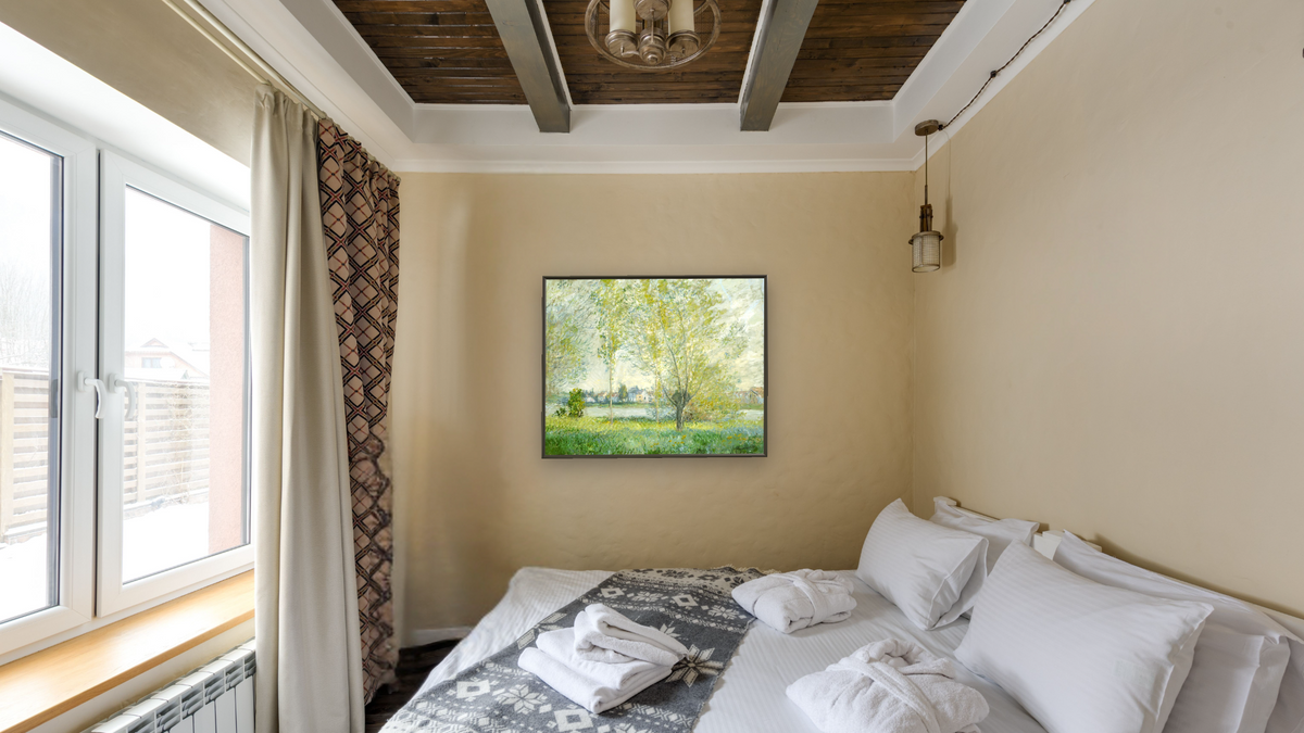 Willows at Vetheuil by Claude Monet, shown at 32 × 40 in (81.3 × 101.6 cm) on canvas in Ramino Satin Black, hotel guest room