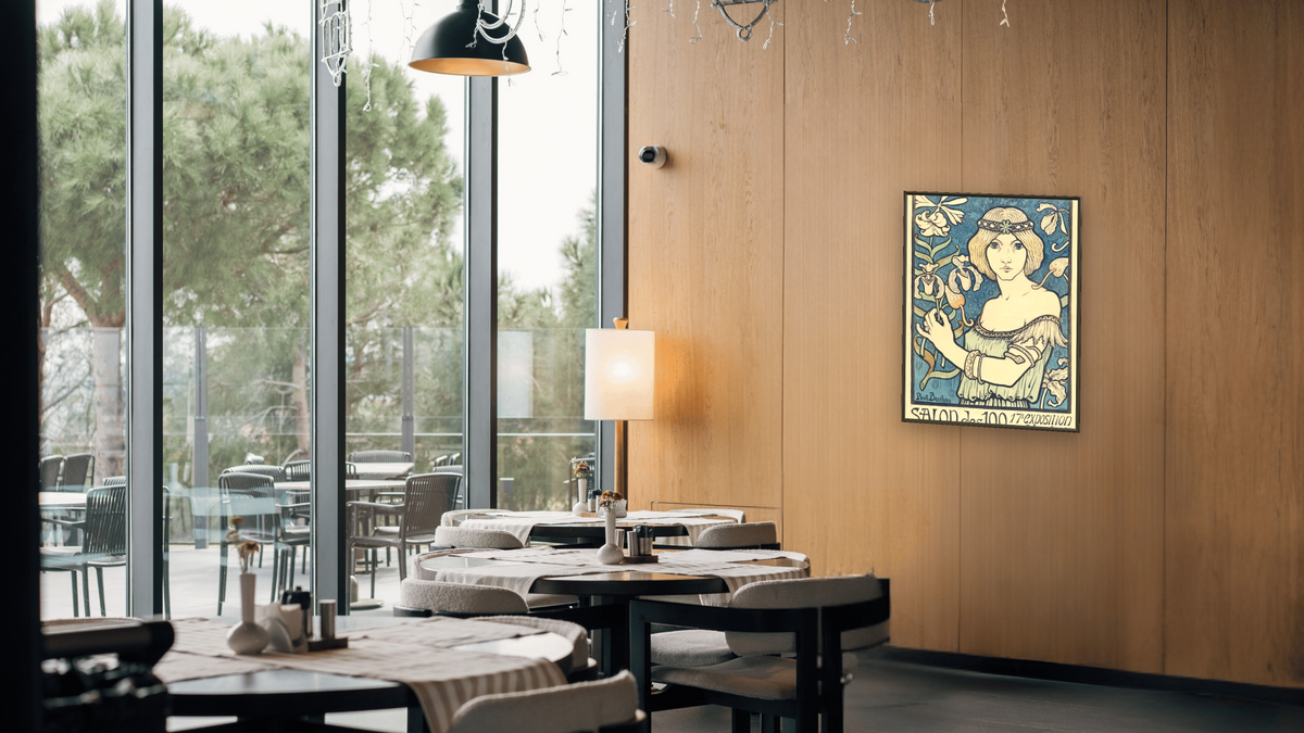 Salon des Cent by Paul Berthon, shown at 30 × 40 in (76.2 × 101.6 cm) on canvas in Ramino Satin Black, restaurant