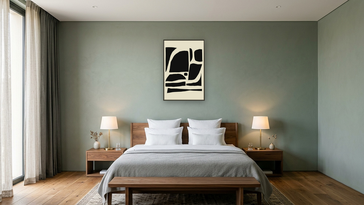 Boom 20 by Dan Hobday, shown at 28 × 42 in (71.1 × 106.7 cm) on canvas in Ramino Satin Black, hotel guest room