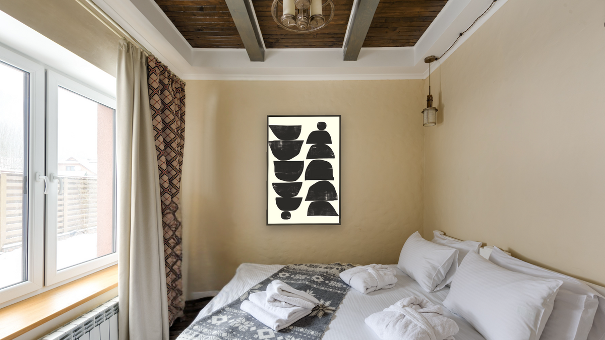 Minimal Plant by Dan Hobday, shown at 28 × 42 in (71.1 × 106.7 cm) on canvas in Ramino Satin Black, hotel guest room