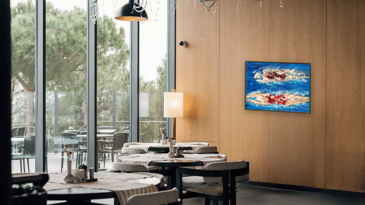 We'll See by Dobee Snowber, shown at 30 × 40 in (76.2 × 101.6 cm) on canvas in Ramino Satin Black, restaurant