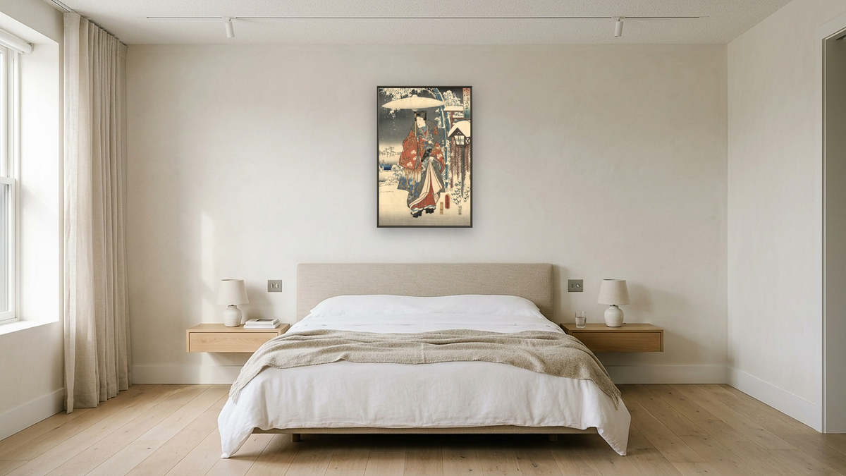 A modern version of the Tale of Genji in snow scenes, shown at 28 × 42 in (71.1 × 106.7 cm) on canvas in Ramino Satin Black, hotel guest room