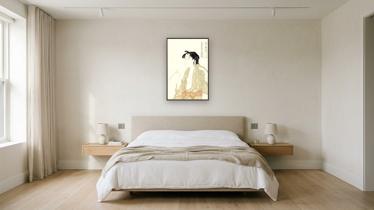 Half-Length Portrait Of A Woman Smoking, Holding A Pipe And Exhaling A Cloud Of Smoke by Kitagawa Utamaro, shown at 28 × 42 in (71.1 × 106.7 cm) on canvas in Ramino Satin Black, hotel guest room