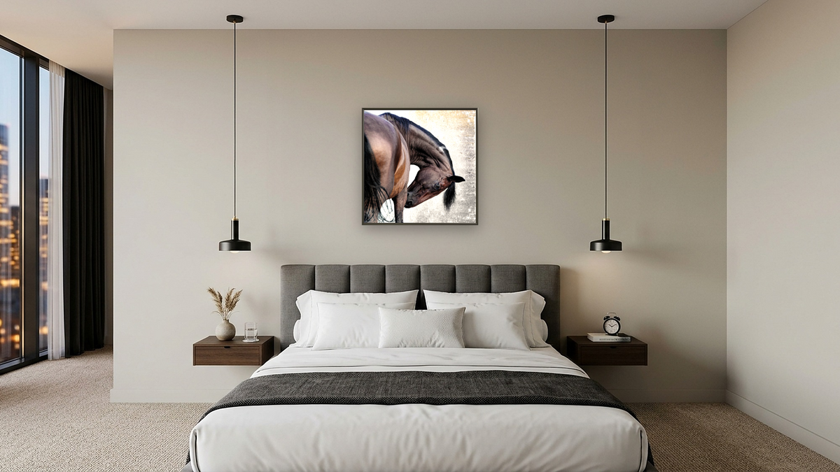 Rikki by Brandon Luther, shown at 32 × 32 in (81.3 × 81.3 cm) on canvas in Ramino Satin Black, hotel guest room