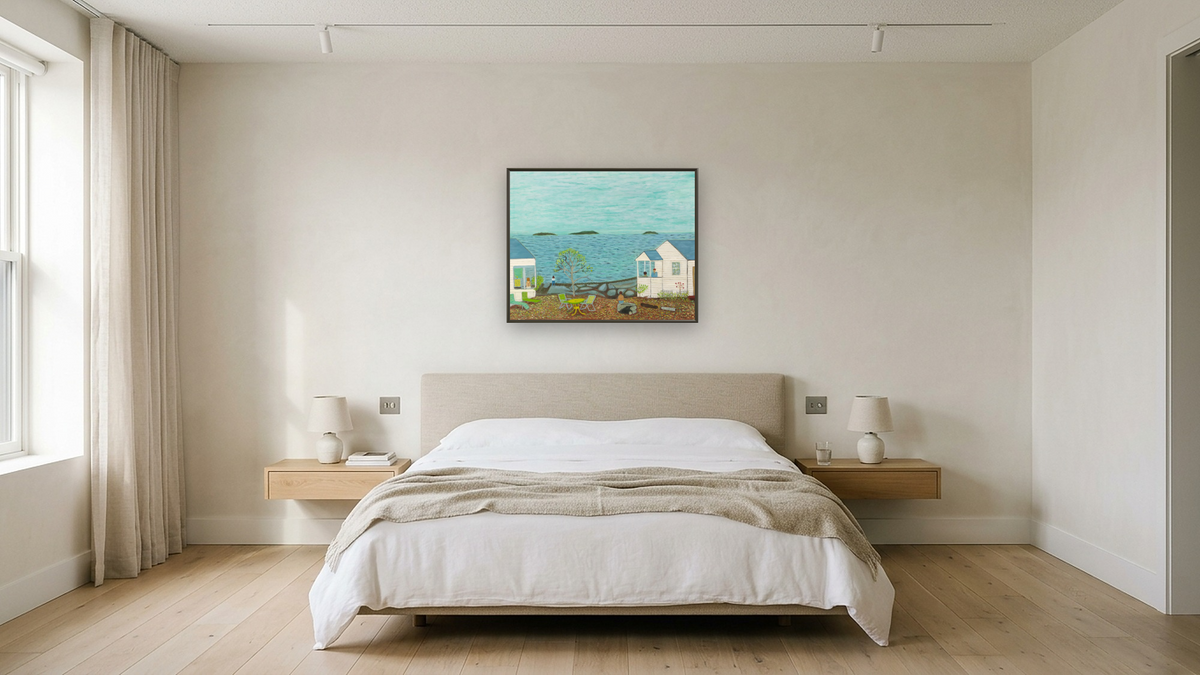 Camden Maine by Ralph Fasanella, shown at 32 × 40 in (81.3 × 101.6 cm) on canvas in Ramino Satin Black, hotel guest room