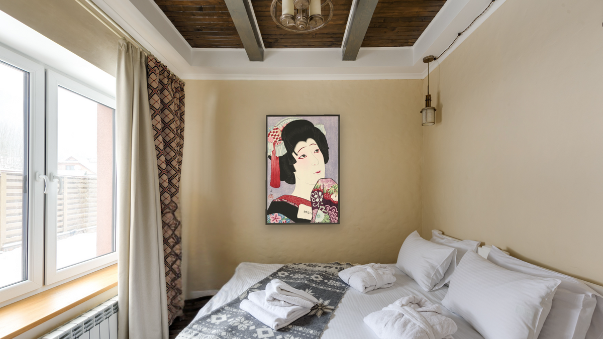 The Actor Nakamura Fukusuke V as Ohan by Natori Shunsen, shown at 28 × 42 in (71.1 × 106.7 cm) on canvas in Ramino Satin Black, hotel guest room