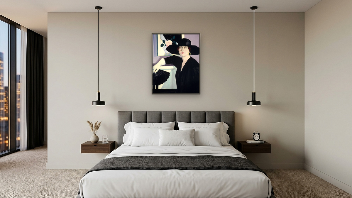 Portrait of a Lady in Black by Francis Campbell Boileau Cadell, shown at 32 × 40 in (81.3 × 101.6 cm) on canvas in Ramino Satin Black, hotel guest room