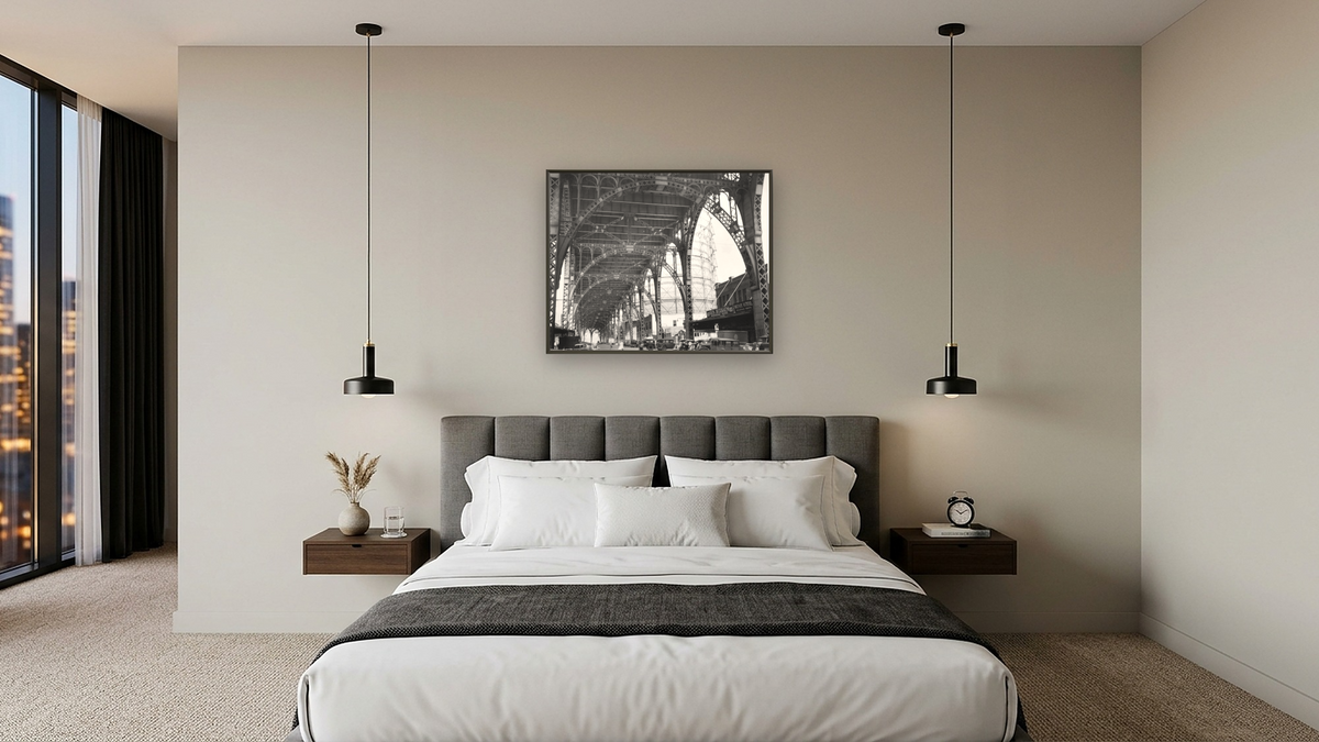 Under Riverside Drive Viaduct 125th St. at 12th Ave by Berenice Abbott, shown at 32 × 40 in (81.3 × 101.6 cm) on canvas in Ramino Satin Black, hotel guest room