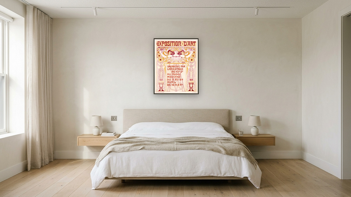Exposition d'Art Poster by Adolphe Louis Charles Crespin, shown at 32 × 40 in (81.3 × 101.6 cm) on canvas in Ramino Satin Black, hotel guest room