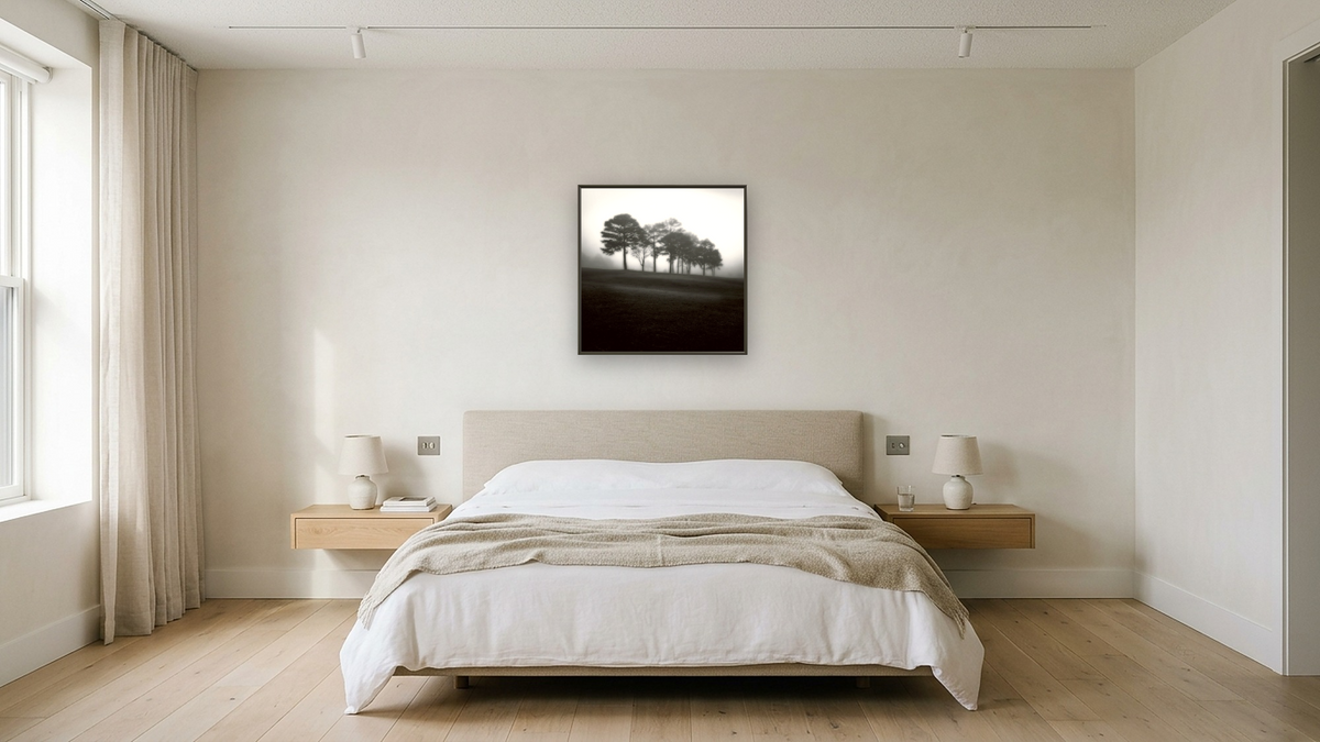 Fog Tree Study 2 by Jamie Cook, shown at 32 × 32 in (81.3 × 81.3 cm) on canvas in Ramino Satin Black, hotel guest room