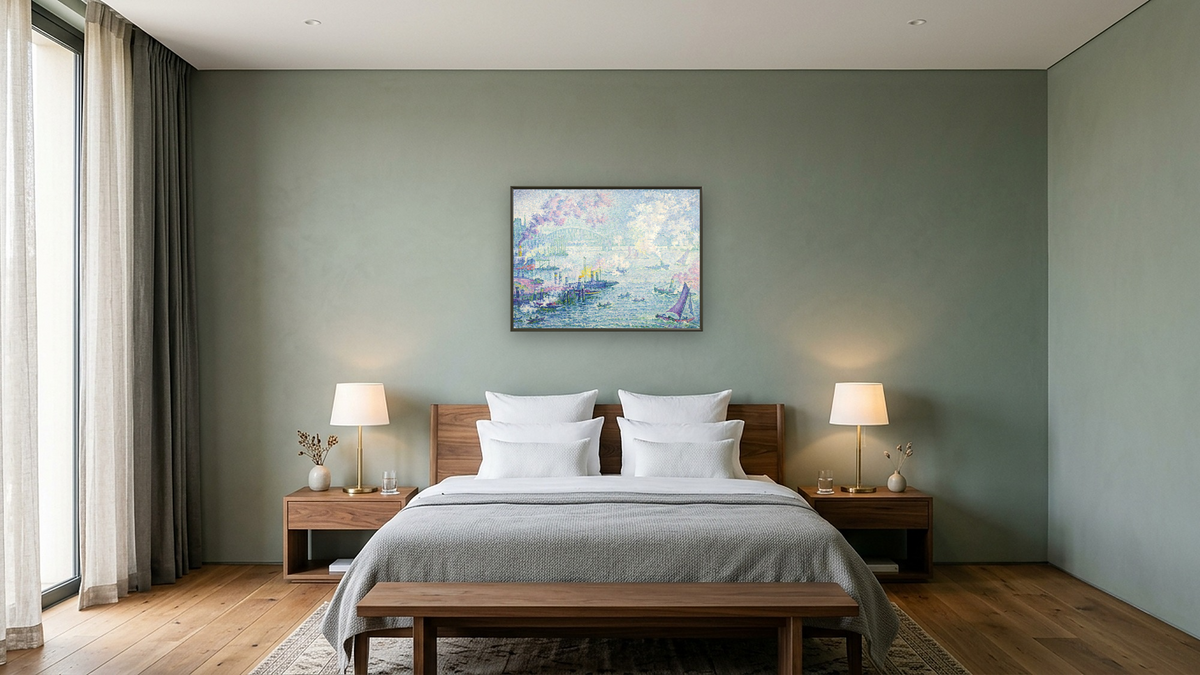 The Port of Rotterdam by Paul Signac, shown at 30 × 40 in (76.2 × 101.6 cm) on canvas in Ramino Satin Black, hotel guest room