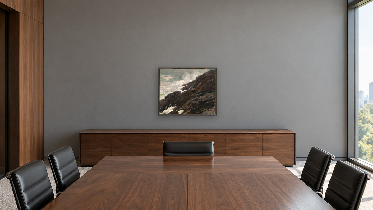 High Cliff, Coast of Maine by Winslow Homer, shown at 32 × 40 in (81.3 × 101.6 cm) on canvas in Ramino Satin Black, boardroom