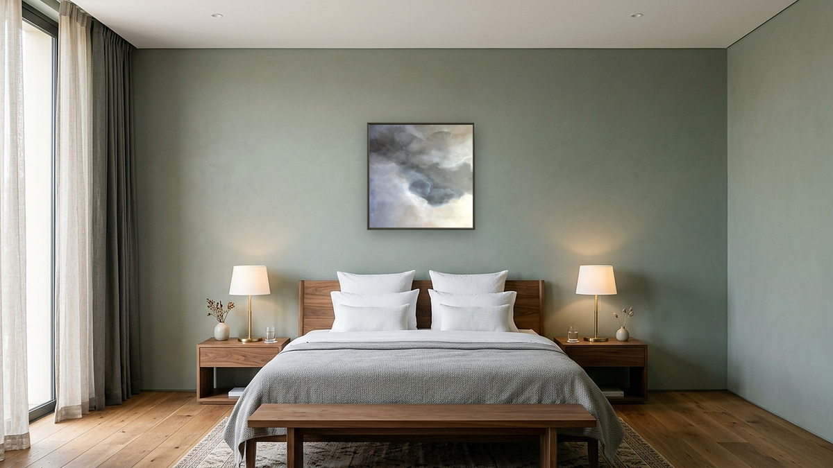 Above Set 1 by Dan Hobday, shown at 32 × 32 in (81.3 × 81.3 cm) on canvas in Ramino Satin Black, hotel guest room