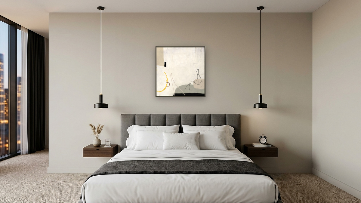Content by Dan Hobday, shown at 32 × 32 in (81.3 × 81.3 cm) on canvas in Ramino Satin Black, hotel guest room