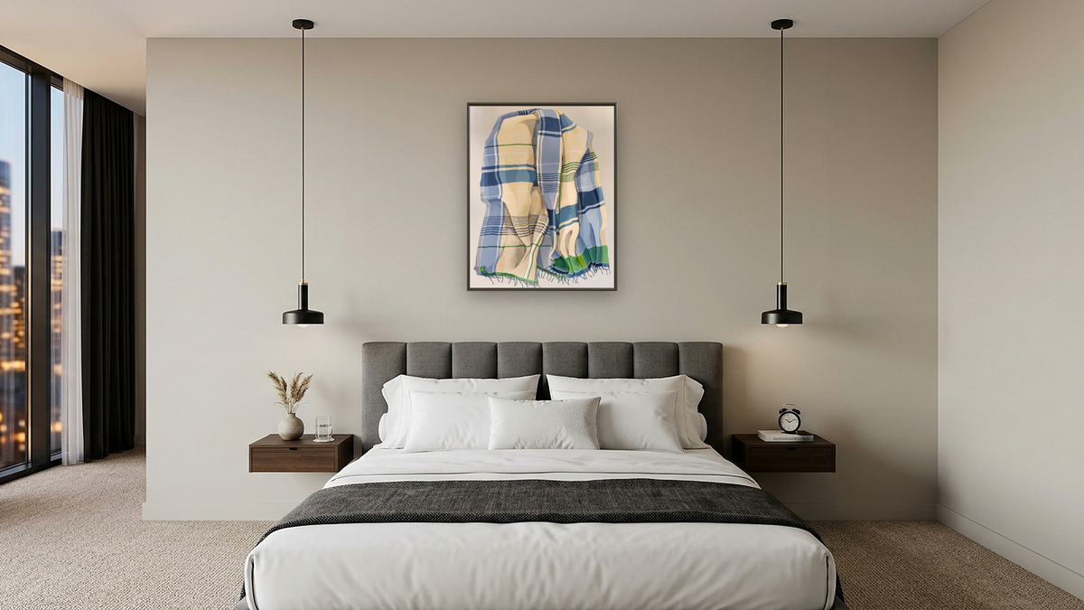 A Day In June by Catherine Gerke, shown at 32 × 40 in (81.3 × 101.6 cm) on canvas in Ramino Satin Black, hotel guest room