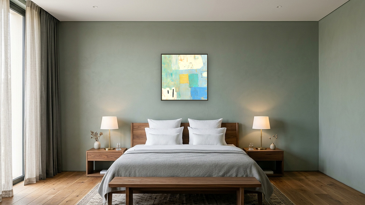 Marsh by Louise Gaskill, shown at 32 × 32 in (81.3 × 81.3 cm) on canvas in Ramino Satin Black, hotel guest room