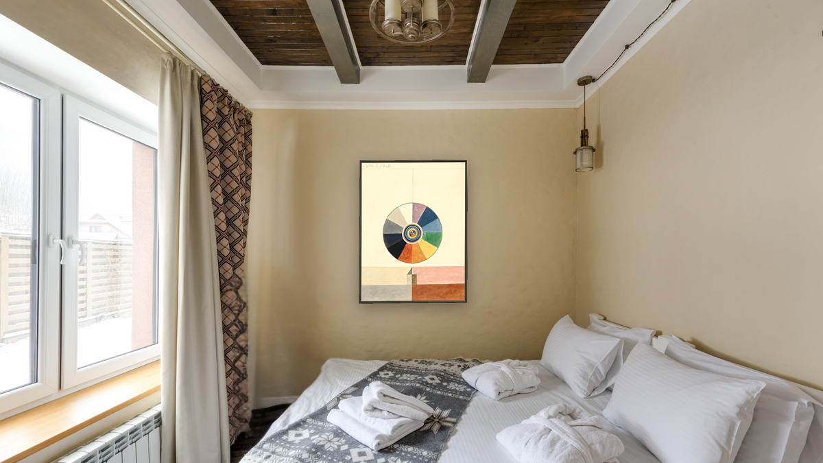 Series VII, No. 7d by Hilma af Klint, shown at 30 × 40 in (76.2 × 101.6 cm) on canvas in Ramino Satin Black, hotel guest room