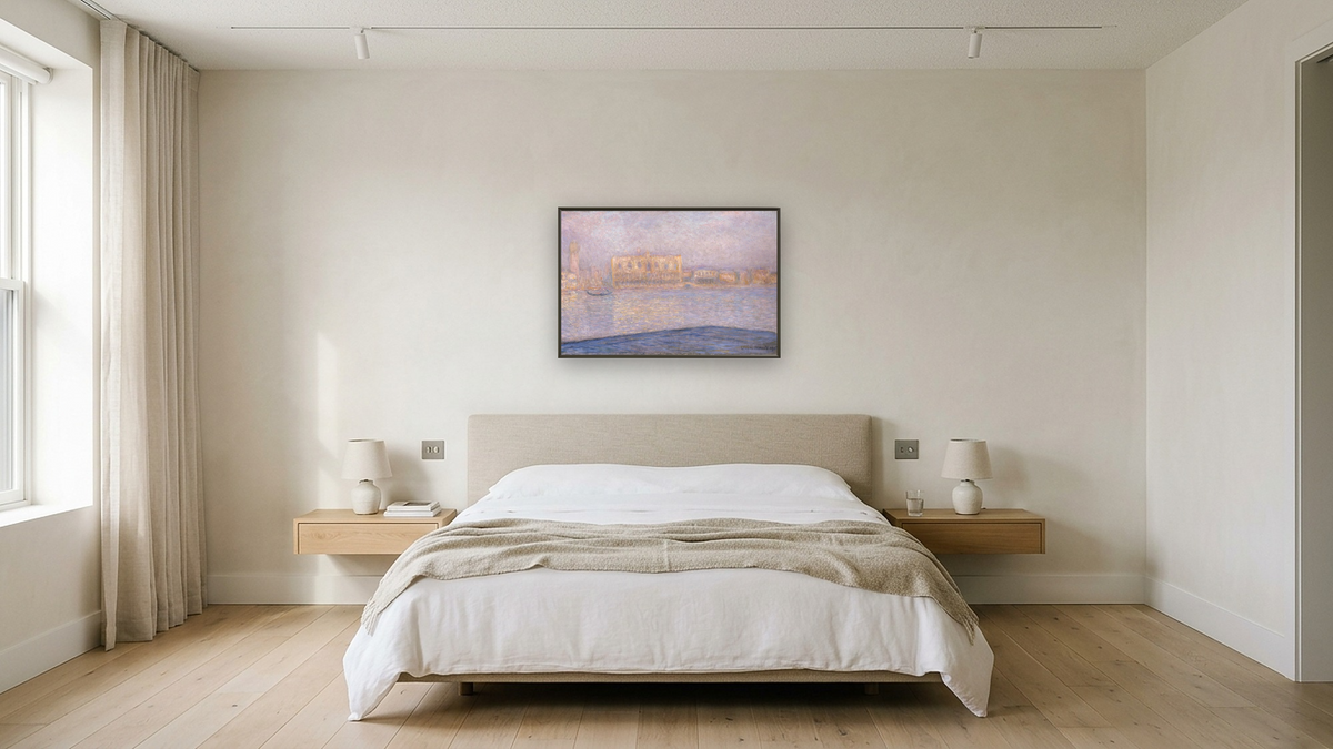 Le Palais Ducal vu de Saint-Georges Majeur by Claude Monet, shown at 28 × 42 in (71.1 × 106.7 cm) on canvas in Ramino Satin Black, hotel guest room