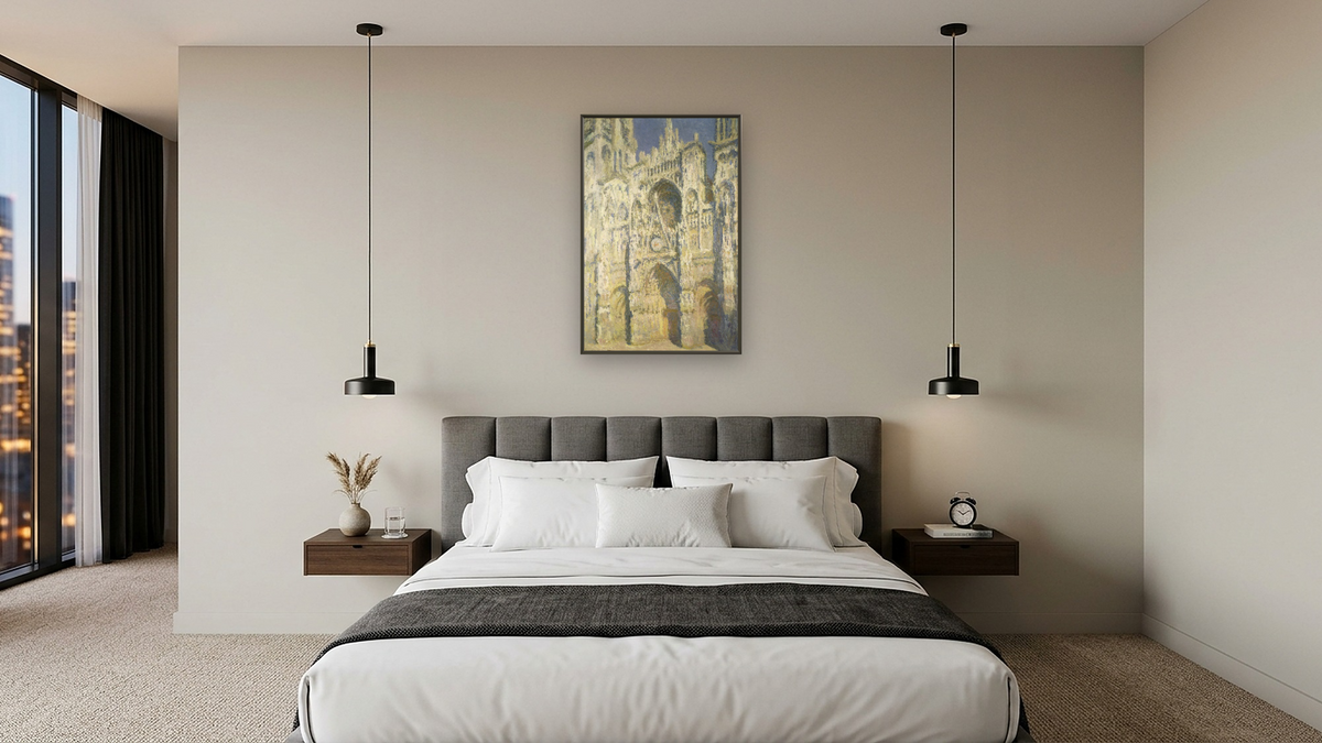 Rouen Cathedral in Full Sunlight: Harmony in Blue and Gold by Claude Monet, shown at 28 × 42 in (71.1 × 106.7 cm) on canvas in Ramino Satin Black, hotel guest room