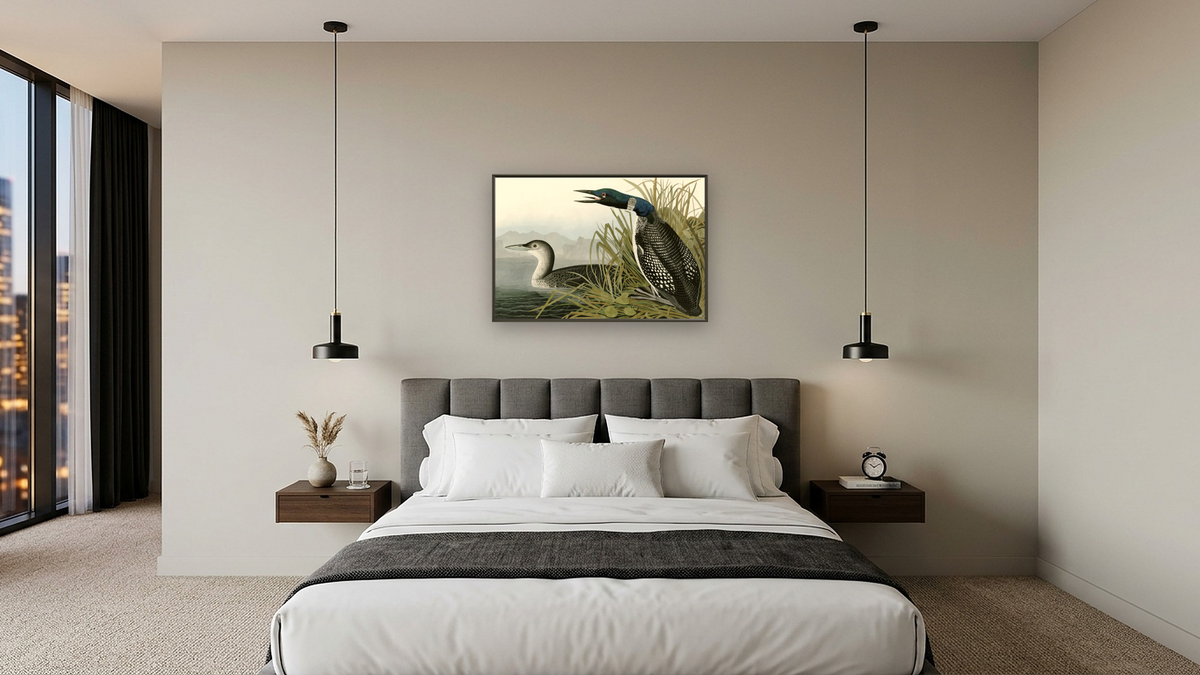 Great Northern Diver or Loon by John James Audubon, shown at 28 × 42 in (71.1 × 106.7 cm) on canvas in Ramino Satin Black, hotel guest room