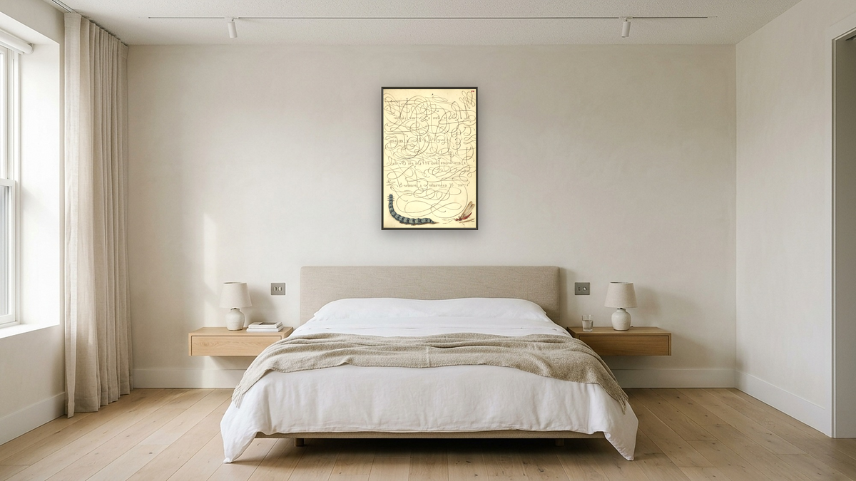Caterpillar and Insect by Joris Hoefnagel and Georg Bocskay, shown at 28 × 42 in (71.1 × 106.7 cm) on canvas in Ramino Satin Black, hotel guest room