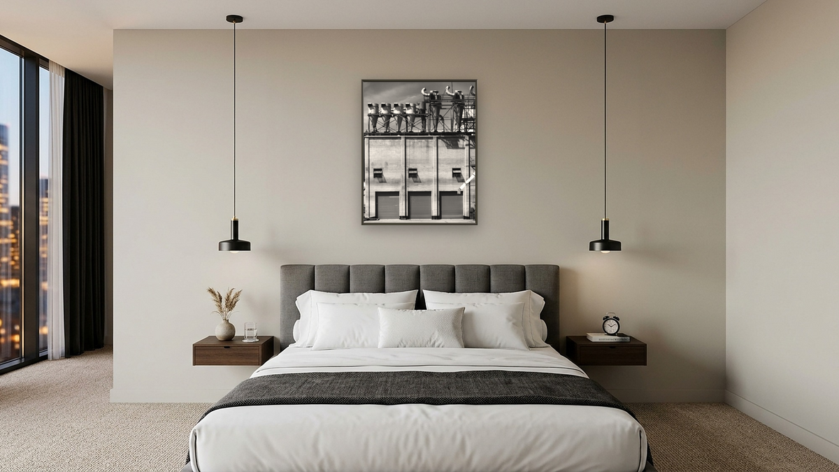 Depue Warehouse #6, Dustbin Salute by Gordon Osmundson, shown at 32 × 40 in (81.3 × 101.6 cm) on canvas in Ramino Satin Black, hotel guest room
