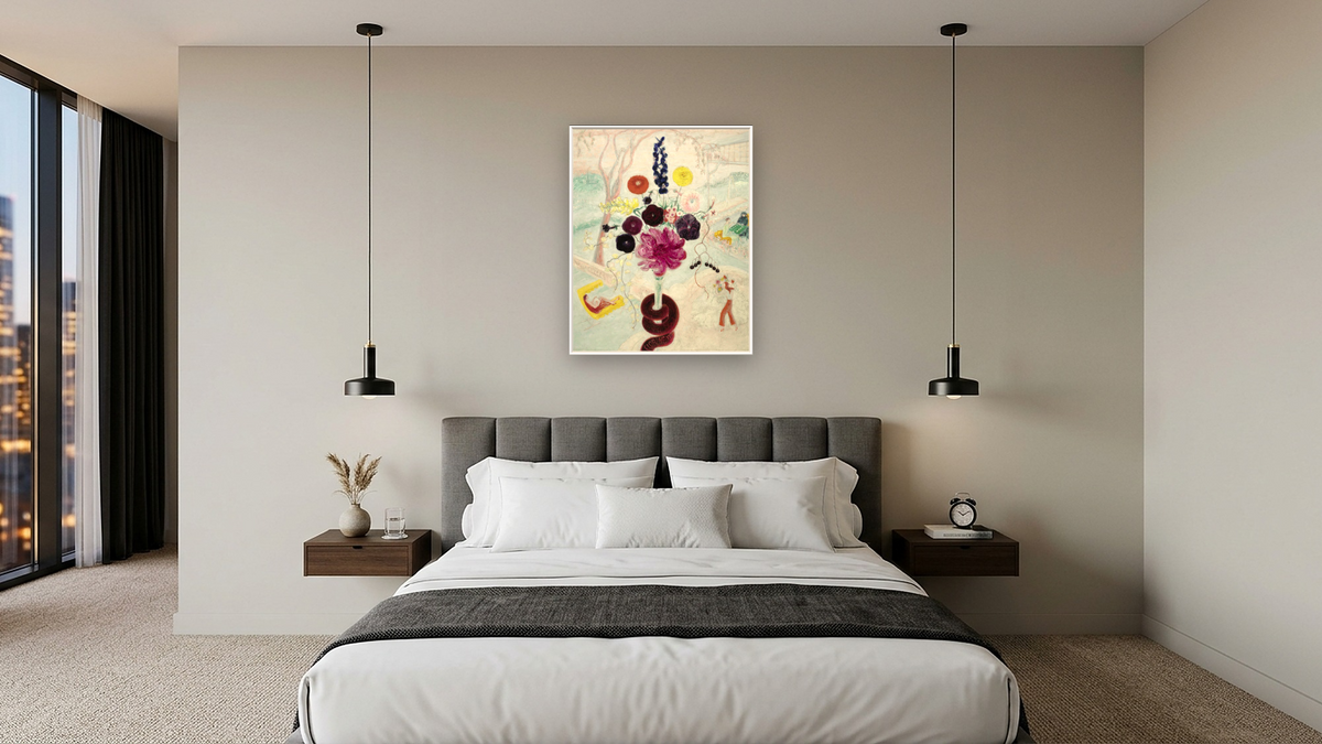Birthday Bouquet (Flowers with Snake) by Florine Stettheimer, shown at 32 × 40 in (81.3 × 101.6 cm) on canvas in Ramino Satin Black, hotel guest room