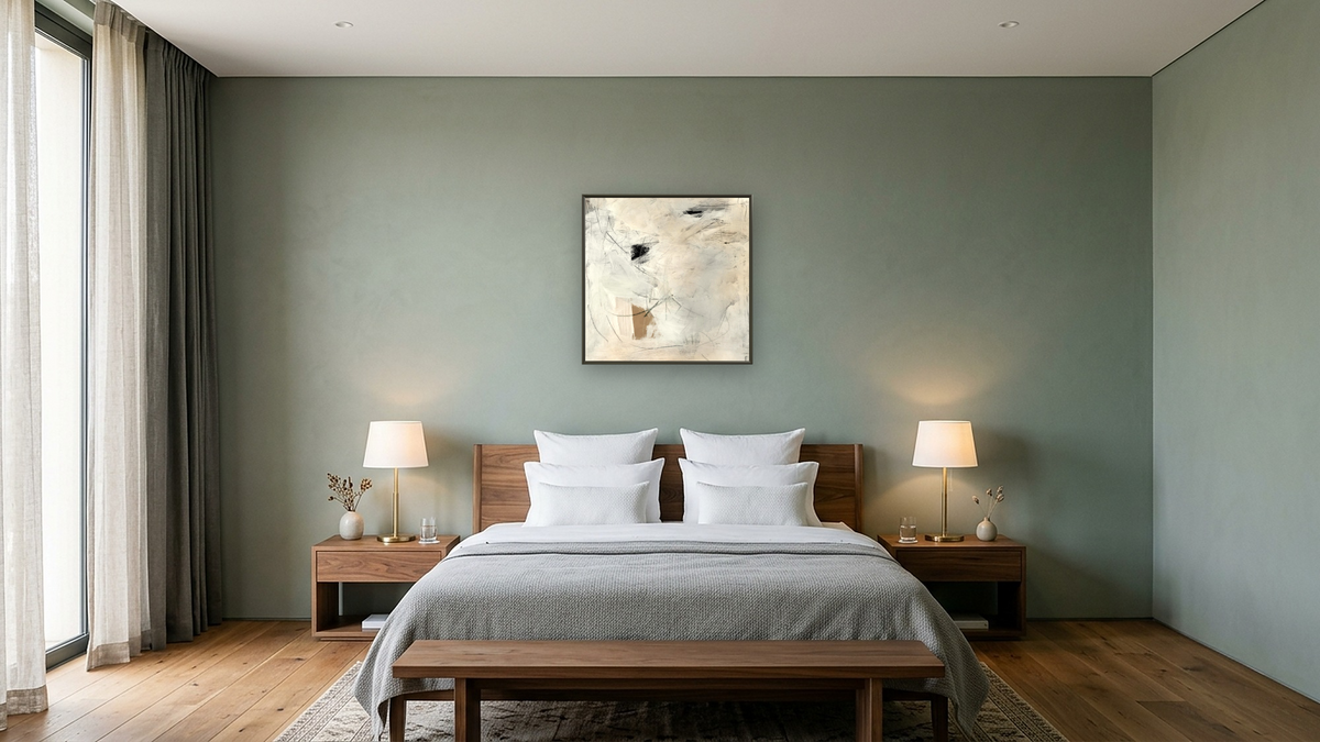Feels Like Calm by Dan Hobday, shown at 32 × 32 in (81.3 × 81.3 cm) on canvas in Ramino Satin Black, hotel guest room