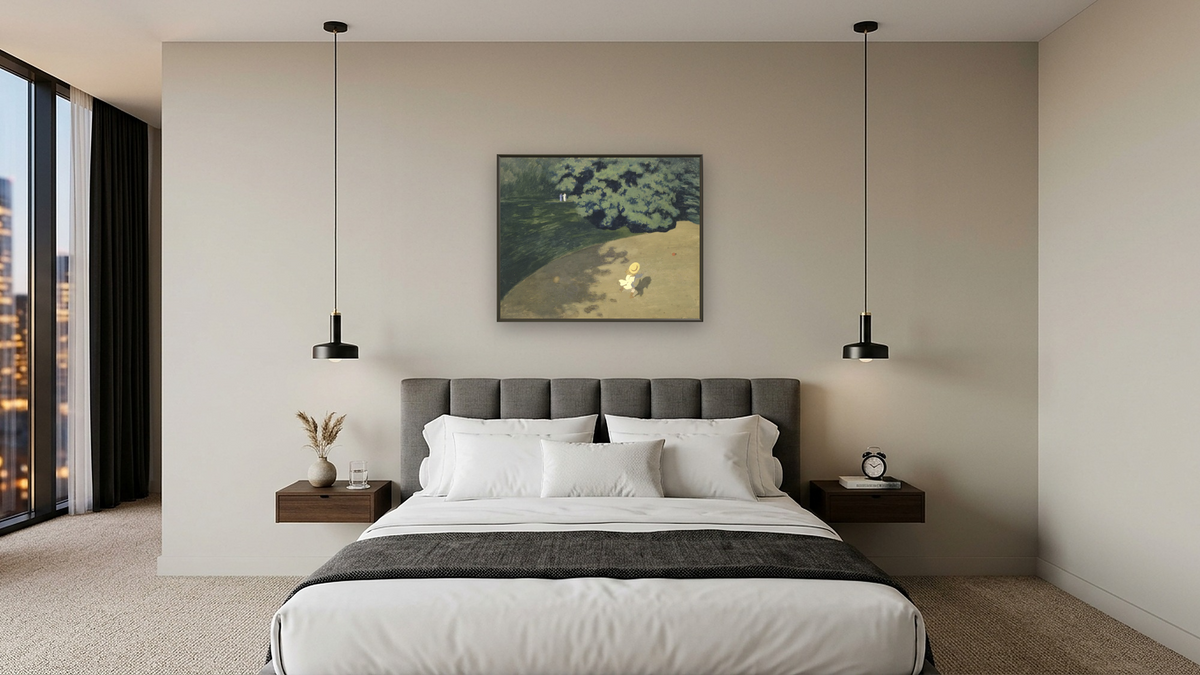 The Ball by Félix Vallotton, shown at 32 × 40 in (81.3 × 101.6 cm) on canvas in Ramino Satin Black, hotel guest room
