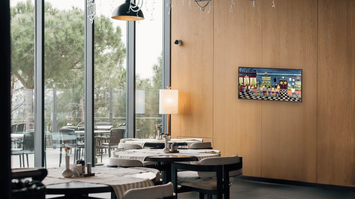 Diner by Ralph Fasanella, shown at 20 × 40 in (50.8 × 101.6 cm) on canvas in Ramino Satin Black, restaurant