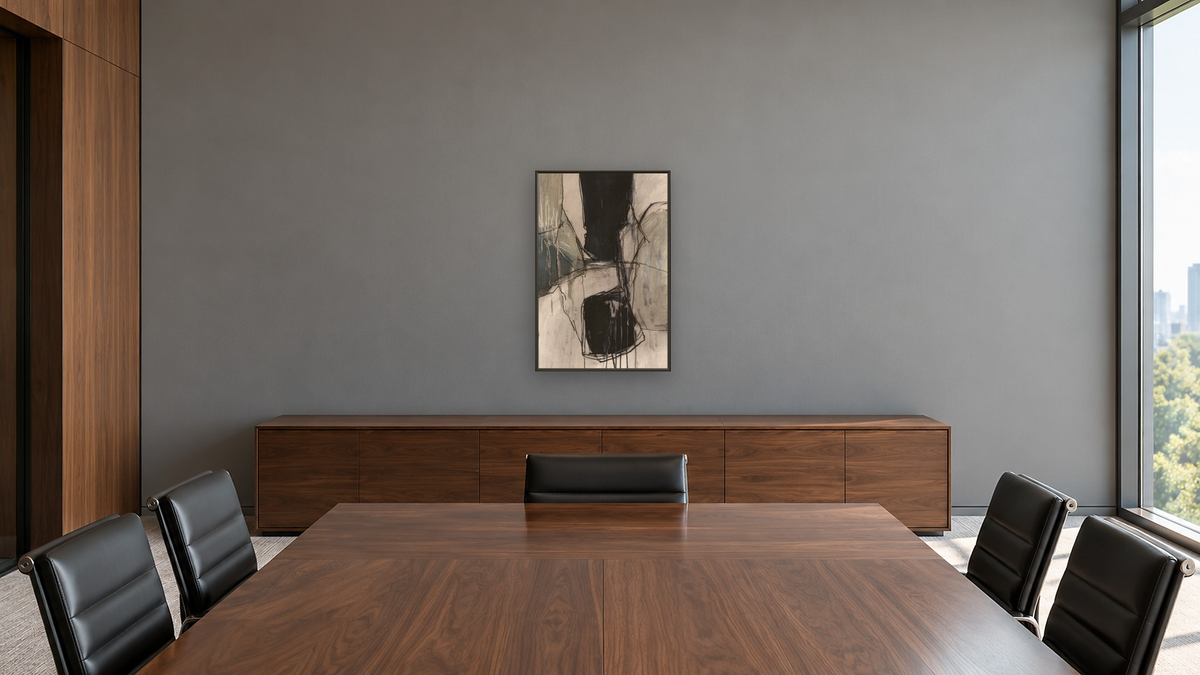 Abstract-244-A by Kelly O'Neal, shown at 28 × 42 in (71.1 × 106.7 cm) on canvas in Ramino Satin Black, boardroom