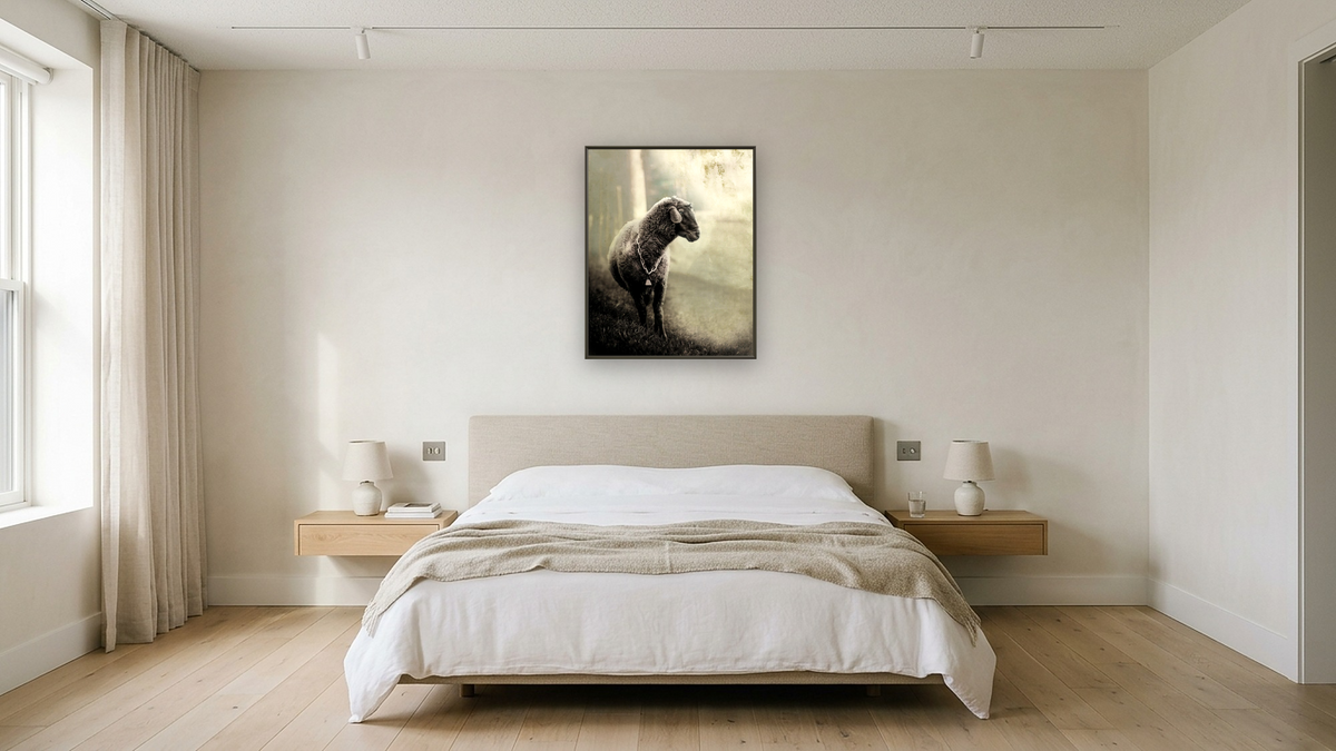 Rusty FH by Brandon Luther, shown at 32 × 40 in (81.3 × 101.6 cm) on canvas in Ramino Satin Black, hotel guest room