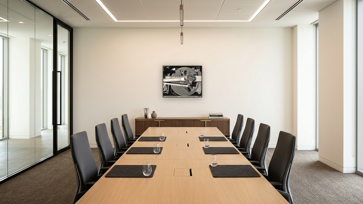 Main Driver, AT&SF #3751 from the Railroad Series by Gordon Osmundson, shown at 32 × 40 in (81.3 × 101.6 cm) on canvas in Ramino Satin Black, boardroom